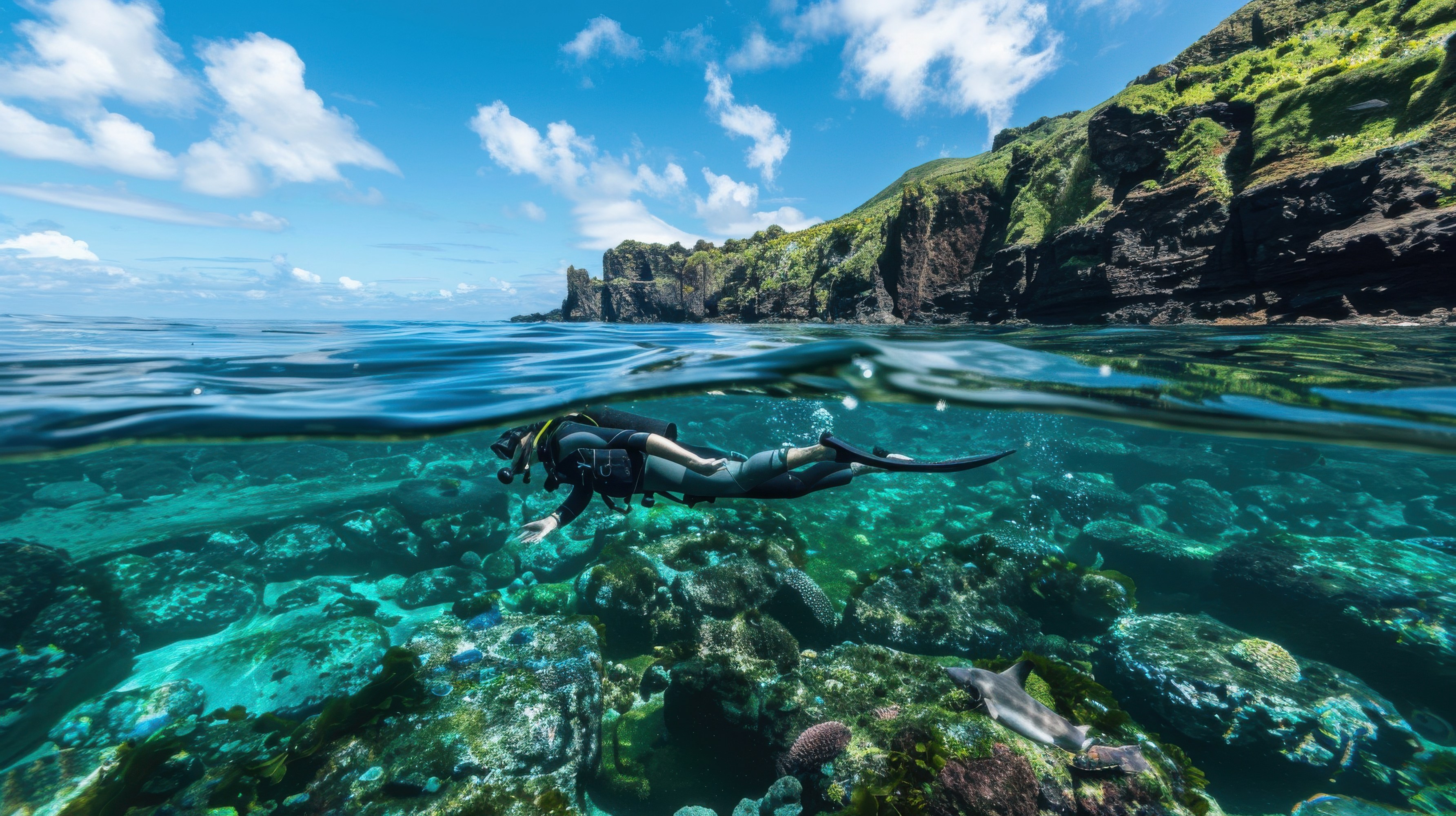 A guided snorkeling trip in the crystal-clear waters of the Azores, exploring its unique marine habitats.